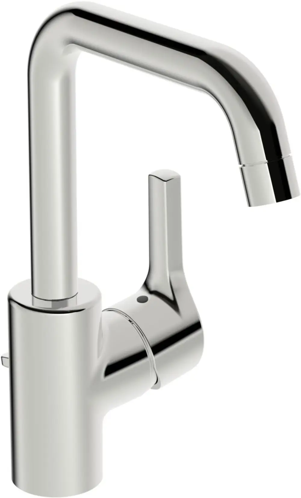 Einhebelmischer in Chromoptik von HANSA mit einem geraden Auslauf. Bedienhebel an der Vorderseite zur Regelung von Wasser und Temperatur.